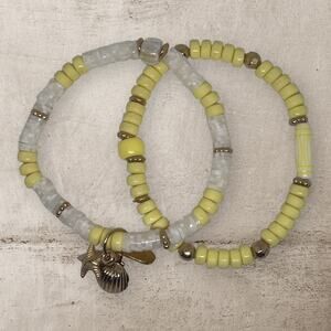 Handmade Friendship Bracelet Set Yellow White Stretch Beach Vibes Clay Beads
